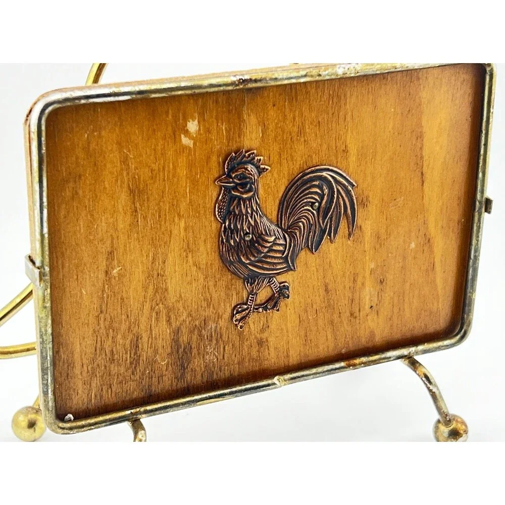 Vtg Victor Goldman Rooster Napkin Holder Wood Brass MCM Country Farmhouse Retro
